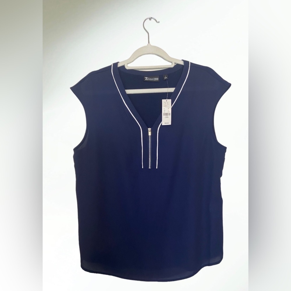 NY & Co 7th Avenue Design Studio Navy Blue Sleeveless Zip Top Blouse Large